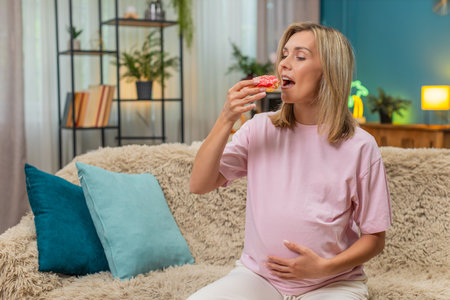 Pregnant middle-aged woman at home eats donut with appetite enjoying sugary treat craving flavor during pregnancy. Caucasian girl on sofa rolls eyes in joy showing playful mood loving fun sweet snack.の写真素材