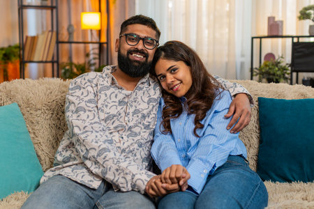 Indian couple man and woman sitting on home sofa, quietly holding hands and sharing peaceful emotional connection full of support. Young family enjoying silent harmonious moment with love and warmthの写真素材