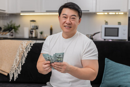 Asian man at home counts cash dollars smiles makes money sign plans purchase and thinks about savings calm. Chinese guy on sofa enjoys bonus writes note in budget app sets saving goal and feels prideの写真素材