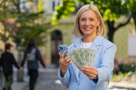 Caucasian mature businesswoman standing on city street showing earnings winning at betting cash...