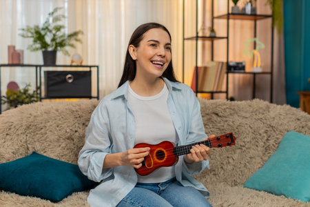 Young woman at home happily playing toy ukulele instrument smiling cheerfully. Caucasian girl on sofa enjoying music, expressing fun, positive emotion, joyful relaxation, creative leisure timeの写真素材