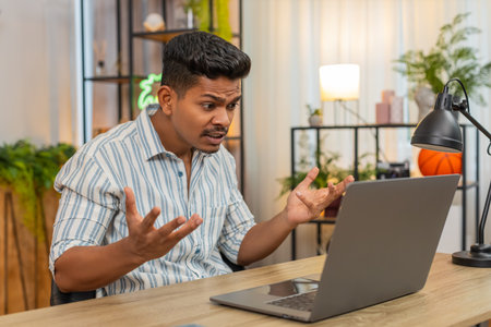 Indian man at home joins video meeting by laptop argues on topic raises voice quarrel and demands clear path. Guy at desk states plan lists actions sets timeline and confirms next steps with firm toneの写真素材