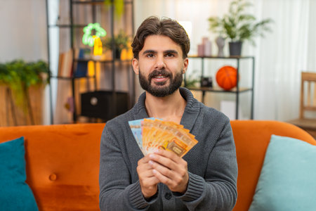 Man at home counts cash banknotes plans travel budget thinks where to spend salary, earnings,...
