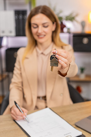 Middle-aged businesswoman at home office holds keys signs handover paper smiles and feels ready for move. Freelancer girl at table checks reads contract adds note signs document smiles shows keychainの写真素材