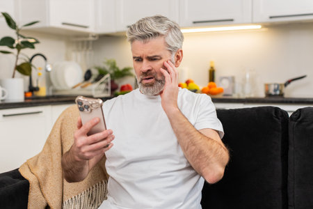 Middle-aged man at home on smartphone sees failed play game or job denial news sighs and shakes head...