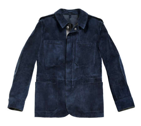 Dark blue men's leather Jacket, isolated, outfit for man. Men`s leather jacket on a white background isolated.の写真素材