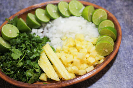 Mexican food, clay plate with onion, pineapple, cilantro and lemonの写真素材
