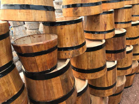 Pile of wooden flowerpot bucketsの写真素材