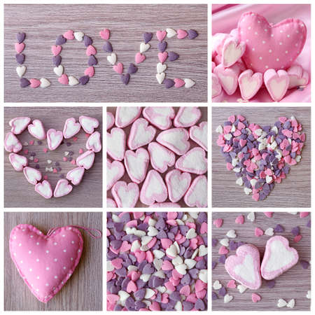 Sweet hearts collage on wooden backgroundの写真素材