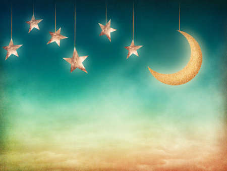 Night time with stars and moonの写真素材