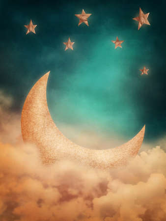 Night time with stars and moonの写真素材