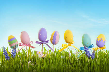 Easter eggs on wooden sticks and green grassの写真素材