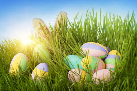 Colorful easter eggs and rabbit on green grassの写真素材