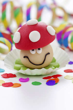Marzipan mushroom on white backgroundの写真素材