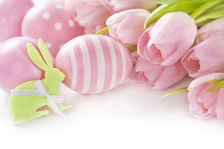 Pink easter eggs and tulips isolated on white backgroundの写真素材
