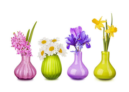 Spring flowers in vases isolated on white backgroundの写真素材