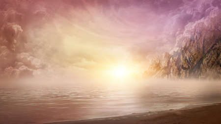 Beautiful dreamy seascape and mountainsの写真素材