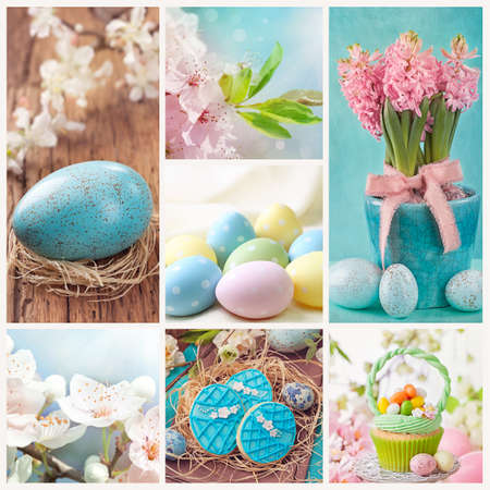 Easter collage of photos with spring decoration and sweetsの写真素材