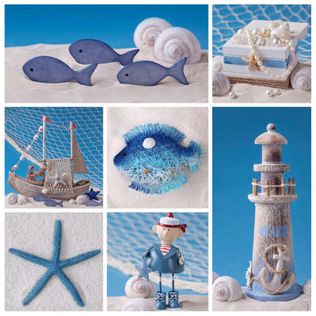 Collage of photos with marine life decorationの写真素材