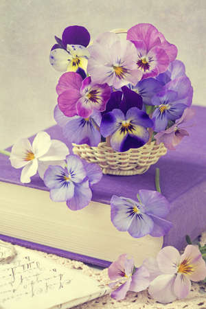 Viola flowers in a basketの写真素材