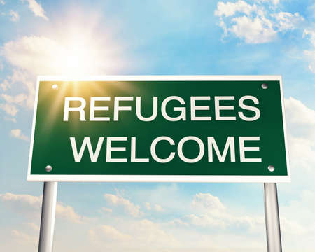 Refugees welcome as a road signの写真素材