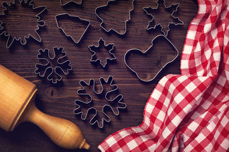 Chocolate christmas cookies on a wooden brown backgroundの写真素材