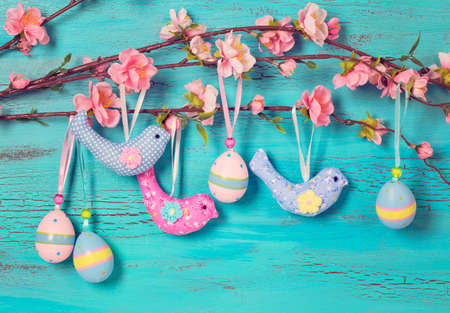 Easter decoration on a blue backgroundの写真素材