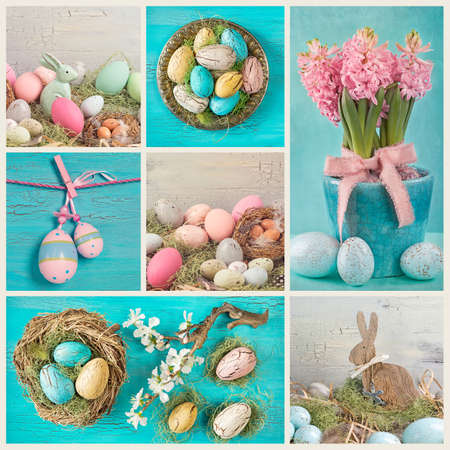 Collage with pastel blue and pink colored easter decorationの写真素材