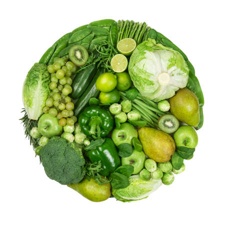 Circle of green fruits and vegetables isolated on a white backgroundの写真素材