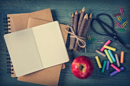 School supplies on a wooden backgroundの写真素材