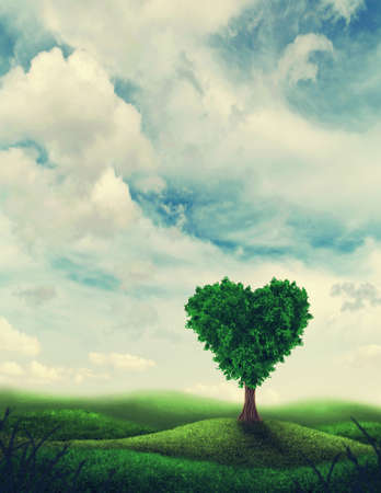 Landscape with heart shape treeの写真素材