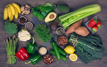 Alkaline foods above the wooden backgroundの写真素材