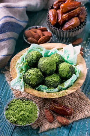 Matcha energy balls from dates and almondsの写真素材