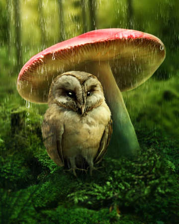 Little owl sitting under mushroomの写真素材