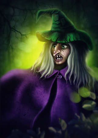 Halloween witch in a dark forestの写真素材