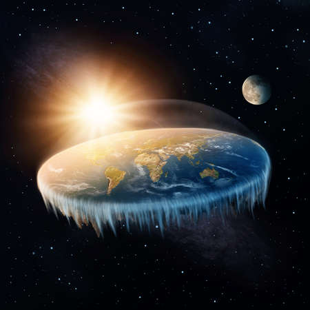 Flat Earth in space with sun and moon  の写真素材