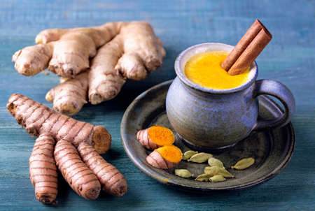 Golden milk, beverage with turmeric and spicesの写真素材
