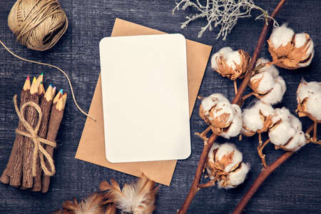 Artistic workplace mock up with pincils and paperの写真素材