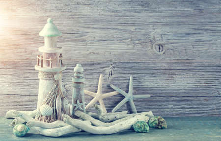Marine life decoration on grey shabby backgroundの写真素材