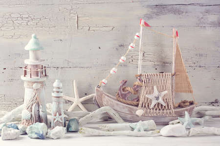 Marine life decoration on a white shabby backgroundの写真素材