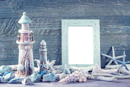 Marine life decoration on a blue shabby backgroundの写真素材