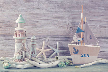 Marine life decoration on a white shabby backgroundの写真素材