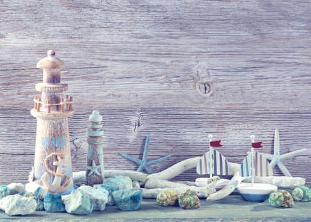 Marine life decoration on a white shabby backgroundの写真素材