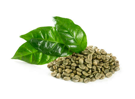 Green coffee beans isolated on a white backgroundの写真素材