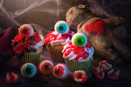 Halloween cupcakes with sweet eyes for partyの写真素材