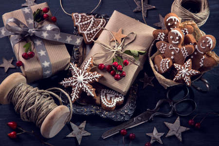 Christmas vintage gifts on a wooden backgroundの写真素材