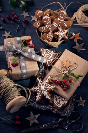 Christmas vintage gifts on a wooden backgroundの写真素材