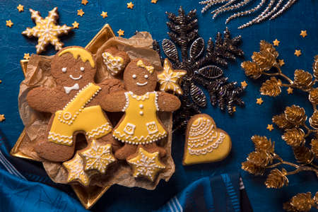 Christmas cookies on a wooden backgroundの写真素材