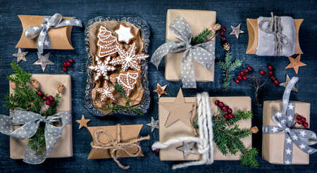 Christmas vintage gifts on a wooden backgroundの写真素材