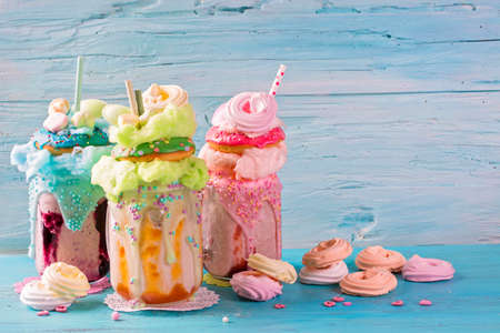 Freakshakes with donuts and candy flossの写真素材